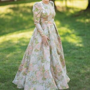Breathtaking Mother/Sister of the Bride Silhouette Pink & Green Floral Brocade Gown for Sale