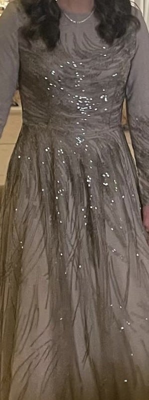 Designer taupe/silver gown for sale