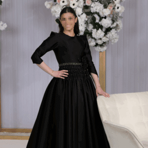 Elegant Black Gown with Floral & Rhinestone Details