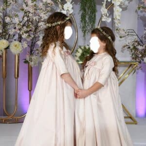 Exquisite one of a kind designer couture Simi Friedman kids pink gowns for rent or sale sizes 4, 5, 6, 8, 10