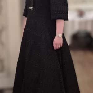 Black Slenderizing Lace Gown with Studded Bows — Size 12/14 — Extra Fabric for Letting Out — Petticoat Included — For Sale