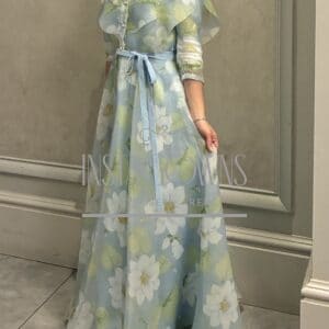 Gorgeous Isabell Sanchis Light Blue Floral Gown For Sale