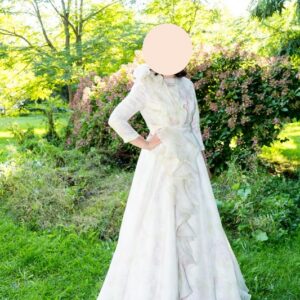 Beautiful custom chiffon soft pink and green floral with ivory base Gown for sale.