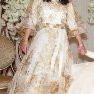 $2300 Miri’s Couture White and Gold Floral Print Gown for Mother/Sister of the Bride