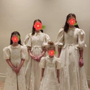 To Sell White Jacquard gowns embroidered with custom pink and white pearls