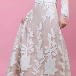 Elegant white beige floral appliqué gown.