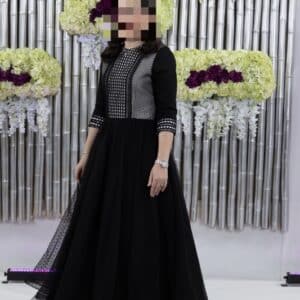 Black and white lace tulle gown