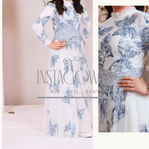 Stunning Raquel white and blue gown for sale. Slimming. Beautiful Detail.