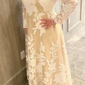 Elegant Exquisite gown in a soft champagne tone with stunning white floral embroidery
