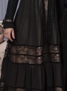 Stunning, slenderizing maternity gown, black tulle with gold lining