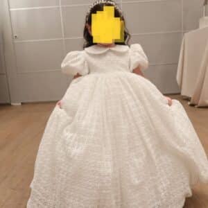 Childrens high waisted very puffy lace gown with peter pan collar.