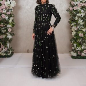 designers black tulle gown with white and green beading for sale