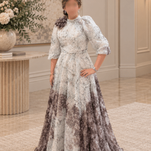 Custom printed floral silk organza gown